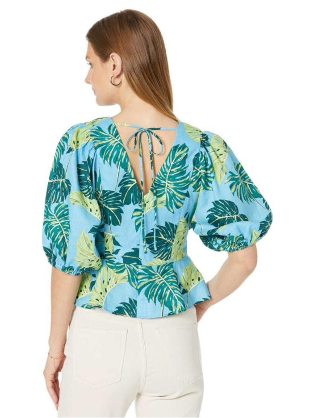 Draper James Tropical Leaf Tie-Back Puff Sleeve Linen Top